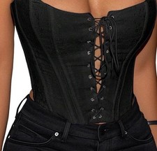 Black Jacquard Overbust Corset, Lace Up Eyelet Accents, Boned Bustier