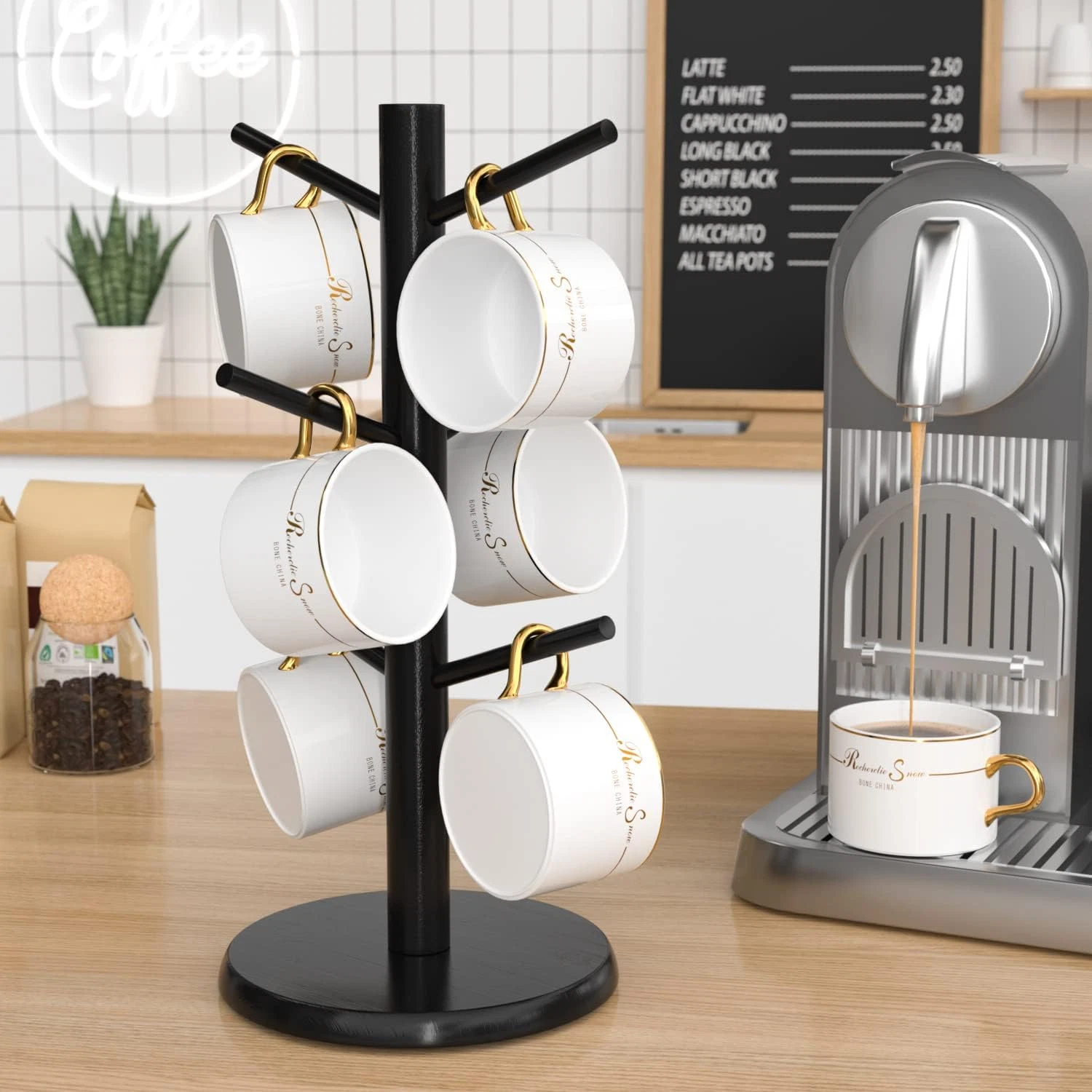 Wisuce Black Coffee Mug Tree Bamboo Mug Holder Coffee Cup Stand Mug Holders for