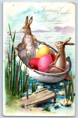 c1905 Easter Greetings Rabbit Boating With Eggs Glitter Embossed Tuck Postcard