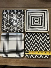 Over And Back - Square Appetizer Plates Black White Designs Gold Trim Set Of 4