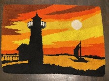 Vintage 70  s Sailboat Sunset Latch Hook Rug Wall Hanging Art 40x27  Multicolor