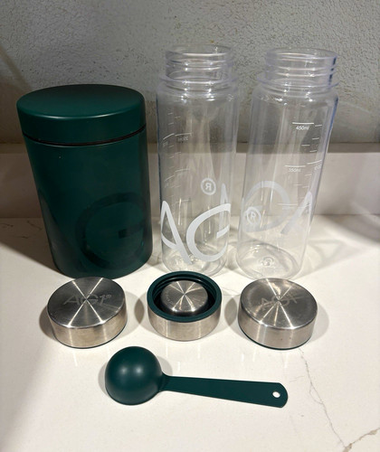 AG1 450 mL Shaker Bottle Set Clear/Green w/ Screw-On Metal Lids Scoop