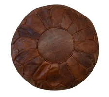 Hand-Tooled Round Geniune Leather Pouf. UNSTUFFED. Brown Footstool. Custom Opt A