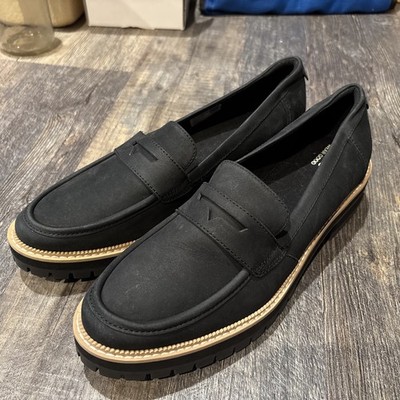 TOMS Wear Good Penny Loafer Shoes Lug Sole Black Leather Tan Trim Women Size 12