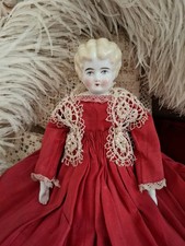 Antique German China Head & Cloth Body Doll in Red Dress, Blonde Hair, Blue Eyes
