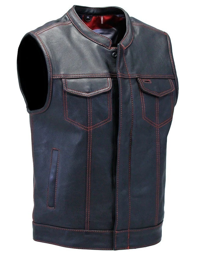 MEN GENUINE LEATHER BIKERS VEST CONTRAST STITCHING MOTORCYCLE LEATHER WAISTCOAT