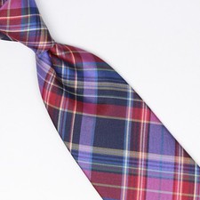 John G Hardy Mens Silk Necktie Navy Blue Red White Beige Plaid Tartan Italy Tie