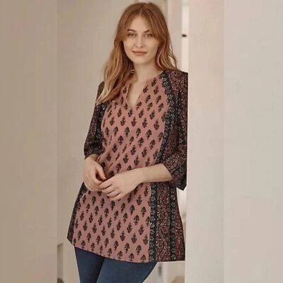 J. Jill Pure Folkloric Stamped Tunic Top Linen Blend Pink Paisley Sz L