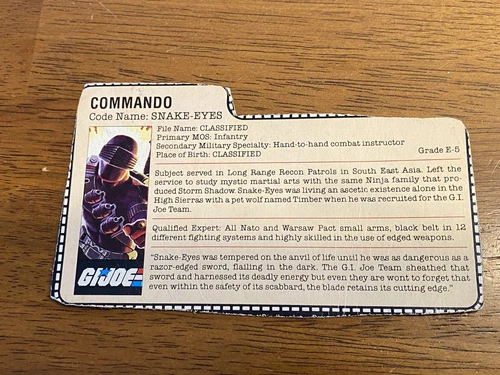 1985 GI Joe Snake Eyes file card ARAH