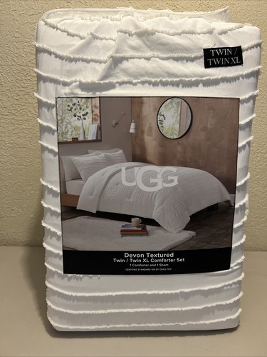 Ugg Devon Textured Twin/Twin XL Comforter Set 66X90 1Sham 26X21  White NEW - Afbeelding 2 van 9