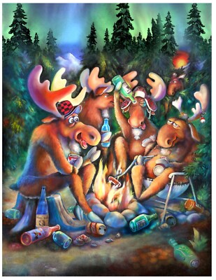 MOOSE HUNTERS, DRUNK, Colorful Print, Cartoon, Funny, 