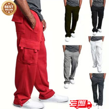 Mens Heavyweight Fleece Cargo Jogger Pants Warm Winter Sweatpants Pockets USA