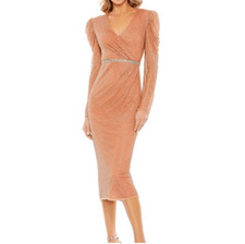 Mac Duggal 93674 Copper Cocktail Beaded Dress Sz 18 MIDI Puff Sleeves NWTs $598