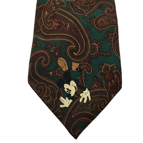 The Disney Store Mickey Mouse Tie 100% Silk Paisley Design Green Brown - Picture 2 of 7