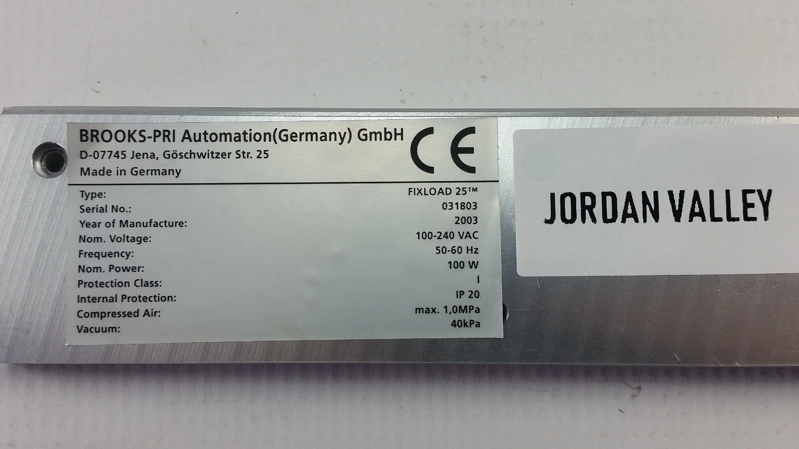 Brooks-PRI FIXLOAD 25 nameplate with Jordan Valley tag, the listed source equipment