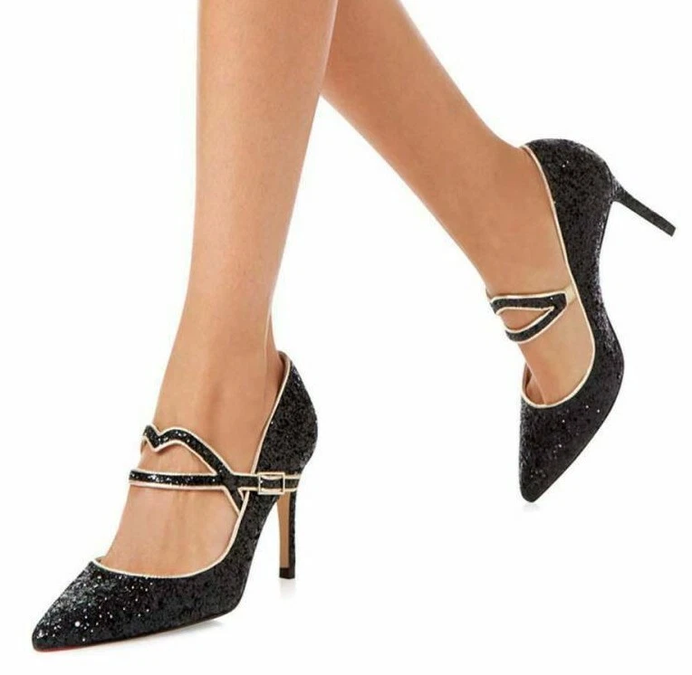 Lulu Guinness Noir Paillettes Découpe Lip Billie Escarpin UK 6 Détail Bnib - Photo 4/4