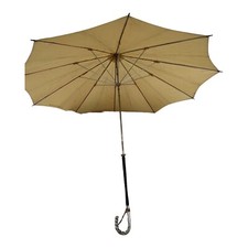 VICTORIAN STERLING HANDLE PARASOL ANTIQUE YELLOW BLACK LACQUERED WOOD UMBRELLA
