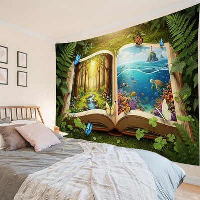 Blue Butterfly Magic Books Green Forest Tapestry for Bedroom Living Room Dorm