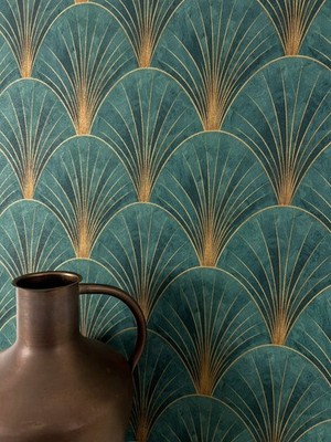 NEWROOM Vliestapete Grün Art Deco Fächer Geometrisch Glamour Wohnzimmer Edel