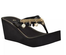 NEW WOMEN'S BLACK PATENT GUESS FLIP FLOPS YELLOW GOLD CHAIN CHARMS SUTTON 8,9,10