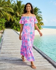 NWT Lilly Pulitzer Dezi Off-The-Shoulder Maxi in Pink Isle Snappy Turtle Dress M
