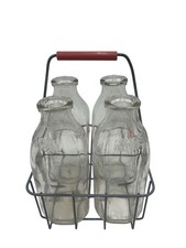 Vintage Wire Milk Bottle Carrier With Four 1-Quart Glass Bottles Kingsway Farm