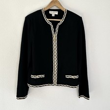 St. John Collection Marie Gray Black Knit Cardigan Blazer Size 12 FLAW 