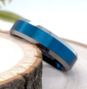 Silver & Blue Tungsten 6mm Ring Matte Finish Polished Edges Band for Christmas