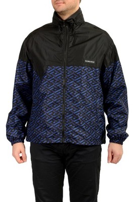 Versace Men's Black & Blue Logo Hooded Full Zip Windbreaker Jacket US 3XL IT 58