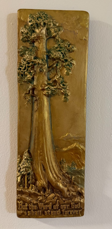 Arts crafts cast aluminum wall art Redwood tree Verse Isaiah 40:8 4.25" x 12.25"