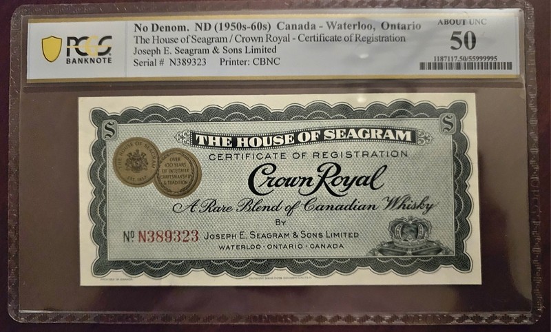Crown Royal Certificate Of Registration - Seagrams Pre- Import 1960s - PCGS-AU50