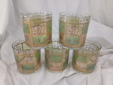 Culver “Prado” Green & 22k Gold Lowball Glasses Set of 5 Mid Century Modern MCM