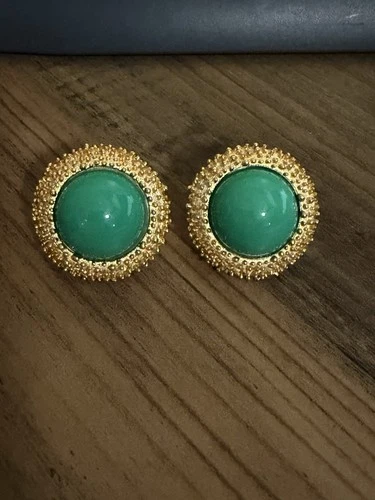 Vintage Trifari Clip On Earrings Green Cabs  Gold  Statement Jewelry Signed