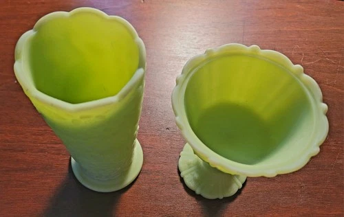 Fenton Lime Sherbet Custard Uranium Glass Vase Compote Set Vintage Fenton Stamp