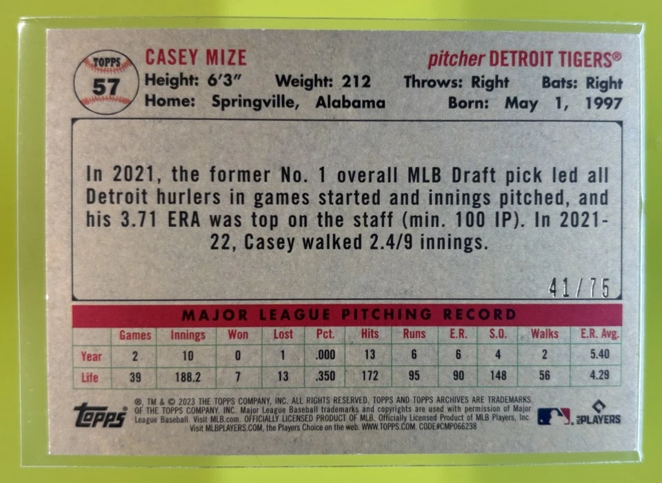 2023 Topps Archives Casey Mize Aqua Sparkle Foil /75 Detroit Tigers #57 - Image 2 of 4