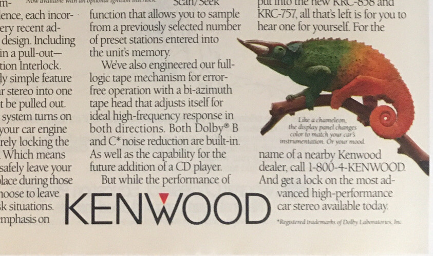 Chameleon Kenwood Car Stereo 1987 Vintage Print Ad 8x11 Inches