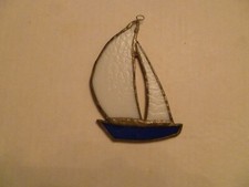 Stained Glass sail boat hanging window glass 4 1/2 inch blue/white