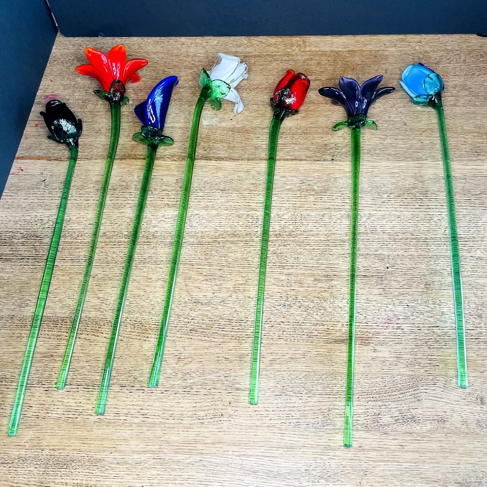 Lot of 7 HandBlown Glass Flowers Long Stem Rose Iris Calla Lily eBay