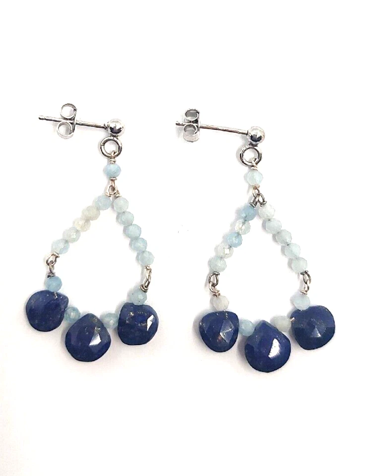 ORECCHINI IN ARGENTO 925 CON ACQUAMARINA E GOCCE DI LAPISLAZZULI PENDENTI - Immagine 2 di 4