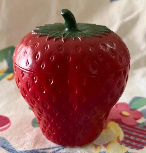 Vintage Hazel Atlas Red Strawberry Milk Glass Jam Jar w Lid 1940'S USA