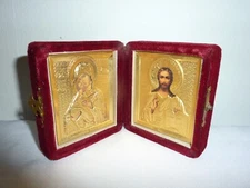 Virgin of Kazan and Christ The Teacher Diptych in Velvet Case 3 1/4" - Gold Foil