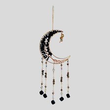 Gold Metal Crescent Moon Dreamcatcher Suncatcher with Black Obsidian Stone Tree