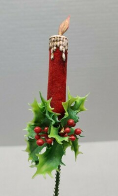 Vintage Felt Candle Blow Mold Christmas Decoration Tree Ornament Holly Red Berry