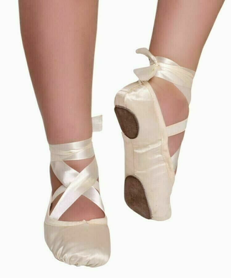 Zapatos de ballet crema, rosa satén zapatos de ballet suela dividida talla encaje estilo CP