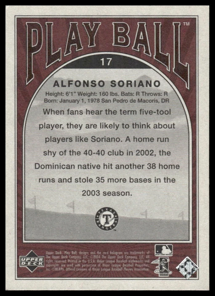 2004 Upper Deck Play Ball #17 Alfonso Soriano Texas Rangers - Image 2 of 2