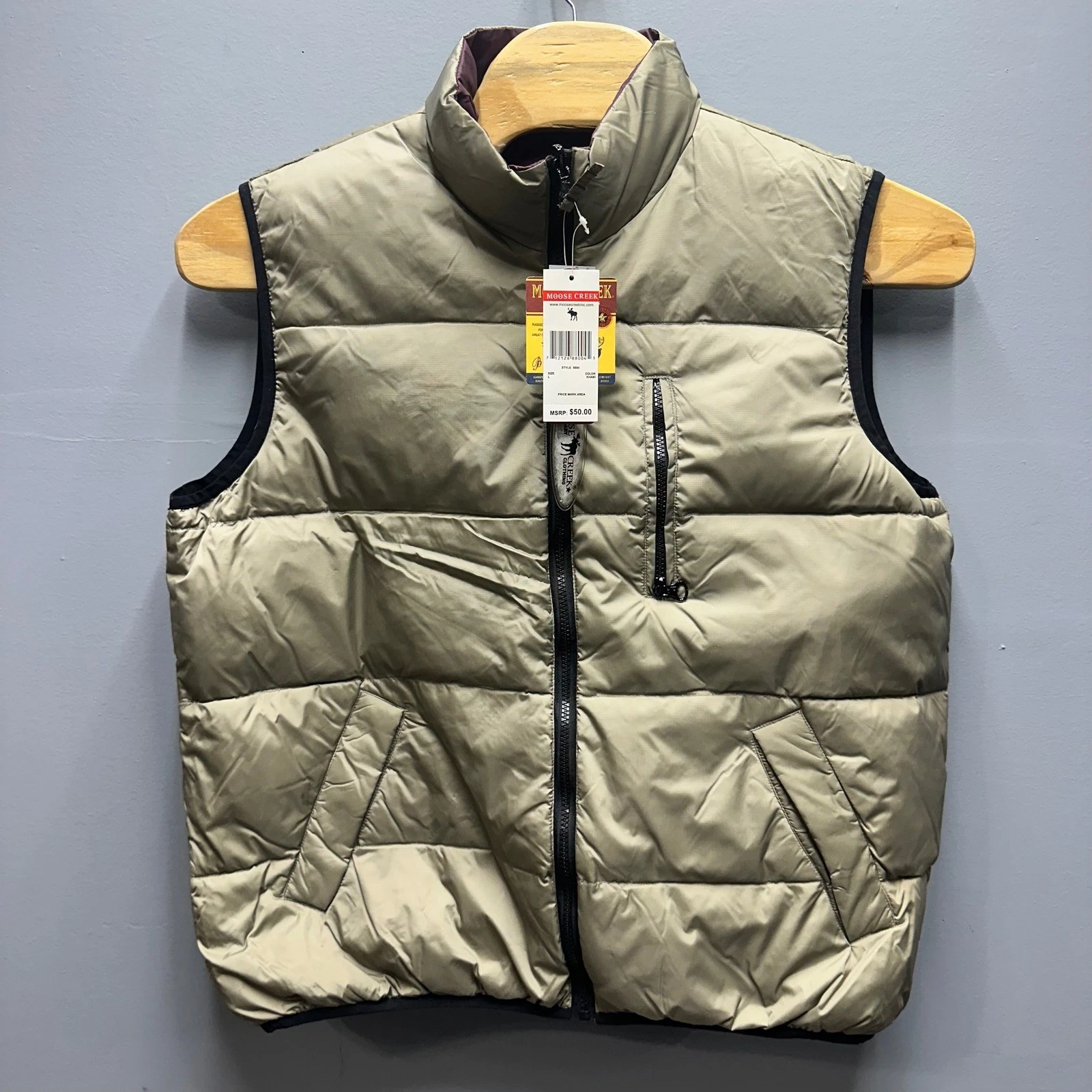 Moose Creek Reversible Down Puffer Vest Mens L Khaki Plum 50/50 Down Feather NWT