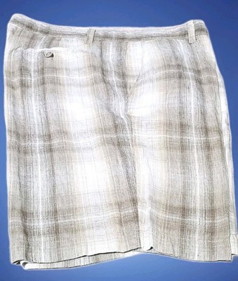 TOMMY BAHAMA-Brown Plaid Linen/Silk, Mens Flt.Fnt, Summer Bermuda Shorts-(42)