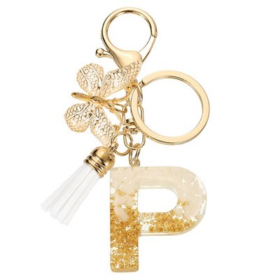 Initial Letter Keychains, Resin Cute Pendant with Butterfly & Tassel, White-P