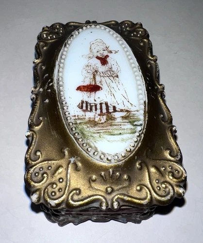 Vintage EAPG Hand Painted Ornate Milk Glass Trinket Vanity Dish Holland Girl