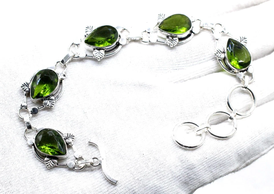 Green Peridot Gemstone Handmade 925 Sterling Silver Jewelry Bracelet Size-7-8" - Image 2 of 3